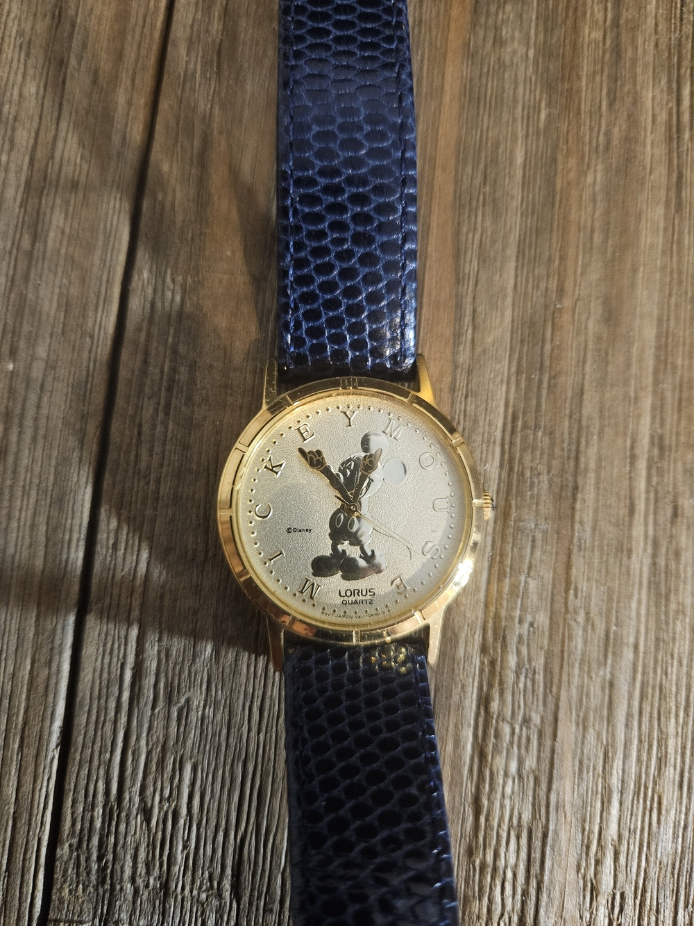 Lorus Women’s Gold-Tone Mickey Mouse Dial Watch with Navy Leather Strap